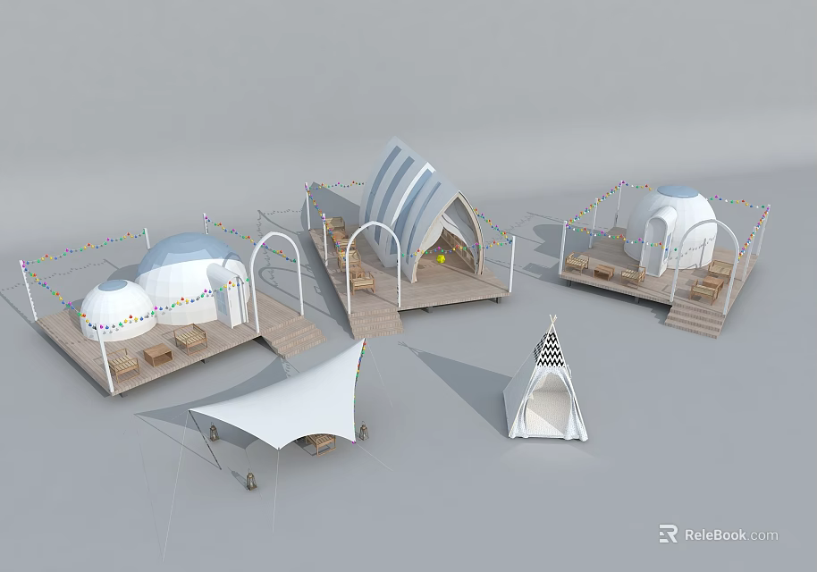 Different Outdoor Tents with Decorative String Lights Wooden Platforms and Furniture 3d model 