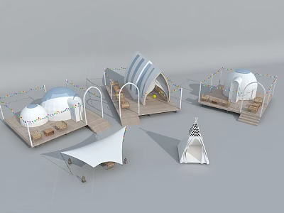 Different Outdoor Tents with Decorative String Lights Wooden Platforms and Furniture 3d model