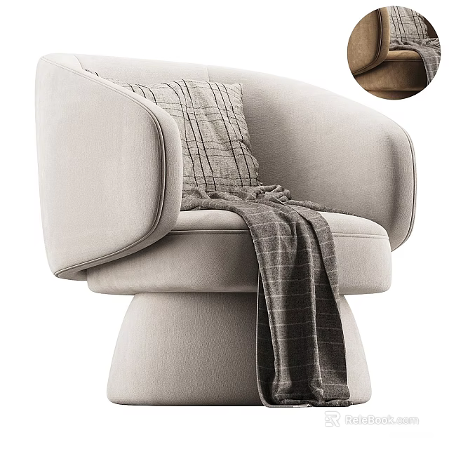 Light Gray Upholstered Lounge Chair With Curved Armrests Plaid Blanket And Throw Pillow 3d model 