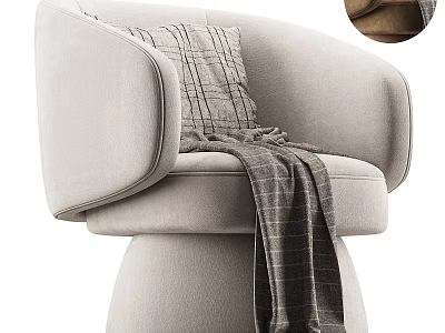 Light Gray Upholstered Lounge Chair With Curved Armrests Plaid Blanket And Throw Pillow 3d model