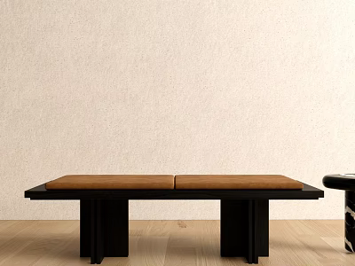 Indoor Bench With Brown Cushion And Black Frame On Wooden Floor Against Beige Wall 3d model