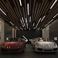 Modern Parking Garage With Red And White Sports Cars Wooden Ceiling Lighting And Arrow Signs