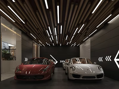 Modern Parking Garage With Red And White Sports Cars Wooden Ceiling Lighting And Arrow Signs 3d model