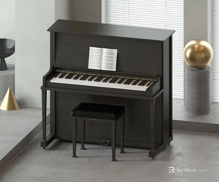 Black Upright Piano with Music Sheet and Stool in Modern Interior with Decorative Ornaments 3d model 