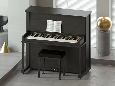 Black Upright Piano with Music Sheet and Stool in Modern Interior with Decorative Ornaments 3d model