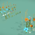 Cartoon Scene With Orange Blue Pink White Flowers And Green Leaves On Light Green Background