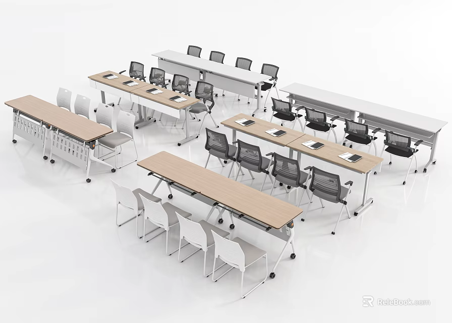 Modern Office Desks With Ergonomic Chairs In Conference Room Setup 3d model 
