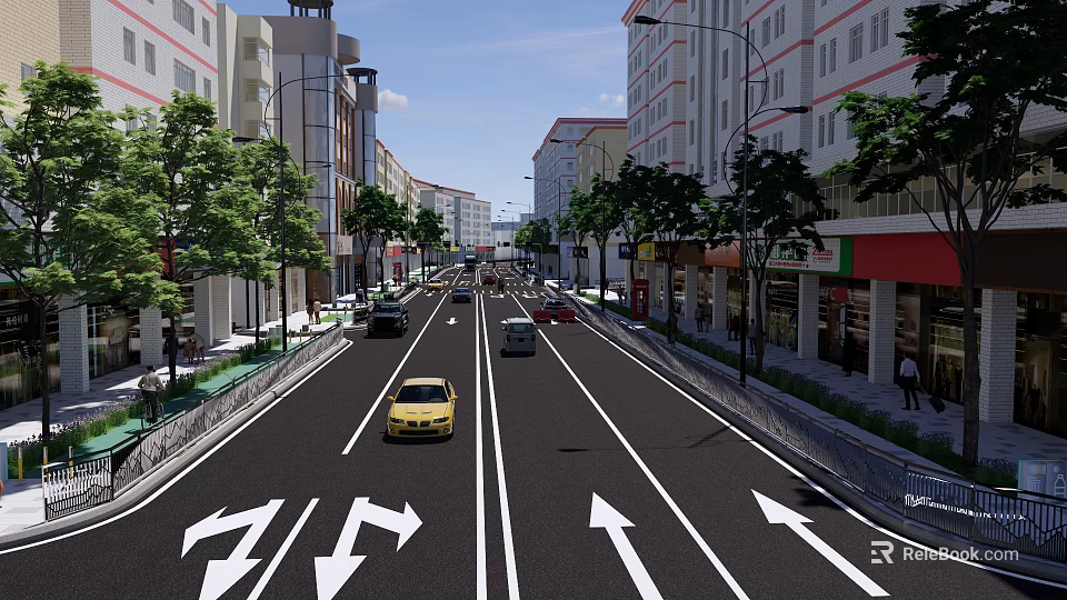 Commercial Landscape Urban Street With Tall Buildings Trees Vehicles And Shops Along Lanes 3d model 