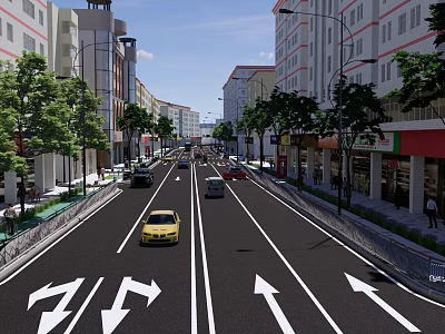 Commercial Landscape Urban Street With Tall Buildings Trees Vehicles And Shops Along Lanes 3d model