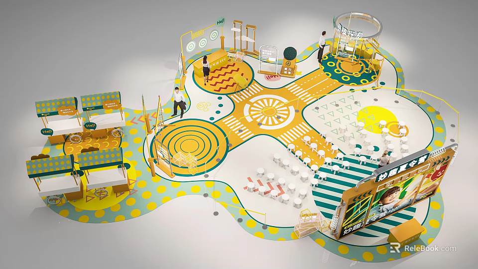 Colorful Indoor Interactive Play Space With Yellow Green Circular Patterns And Dotted Floor 3d model 