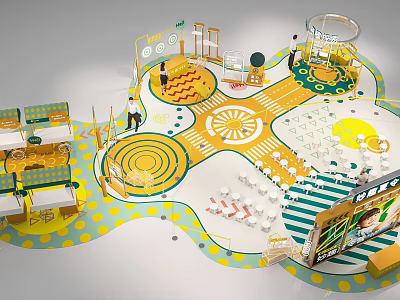 Colorful Indoor Interactive Play Space With Yellow Green Circular Patterns And Dotted Floor 3d model