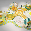 Colorful Indoor Interactive Play Space With Yellow Green Circular Patterns And Dotted Floor