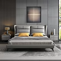 Gray Leather Double Bed With Yellow Pillows Striped Quilt Nightstands Table Lamp And Outdoor Greenery