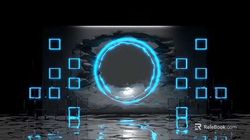 Futuristic Scene With Glowing Blue Circular Ring Square Frames Reflective Floor And Cloud Elements 3d model