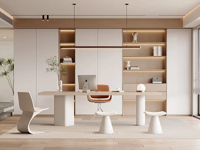 Modern Study Room Interior With Wooden White Bookshelves Desk Chair And Table Lamp 3d model