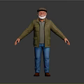 Bearded Man In Cap Green Jacket Gray Shirt Blue Pants Brown Shoes With Arms Outstretched