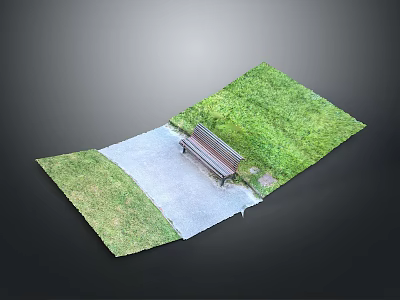 Park Architecture Featuring Lush Green Grass Grey Path And Wooden Bench 3d model
