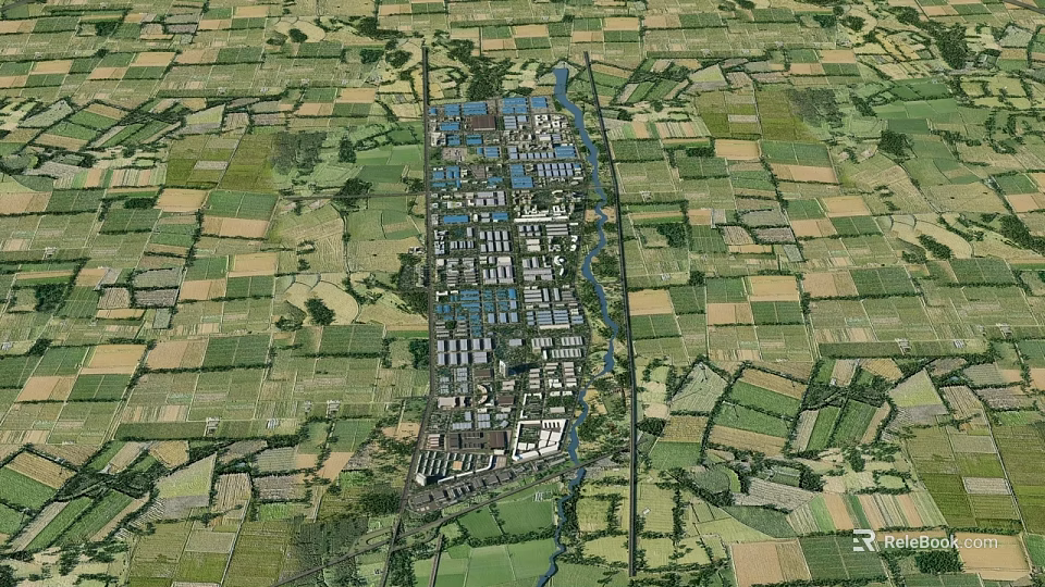 Aerial View of Industrial Factory Complex Surrounded by Farmland Green Areas and River 3d model 