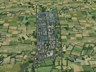 Aerial View of Industrial Factory Complex Surrounded by Farmland Green Areas and River 3d model