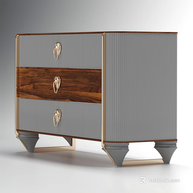 Modern Entryway Cabinet Sideboard With Gray And Wooden Drawers Gold Handles And Legs 3d model 