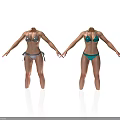 Two Women in Gray Silver and Green Bikini Holding Hands on White Background