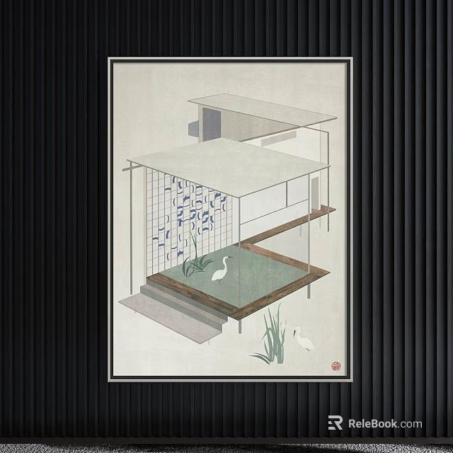Modern Geometric Architectural Space With Water Pool White Birds And Grass 3d model 