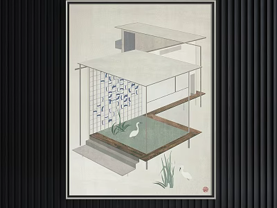 Modern Geometric Architectural Space With Water Pool White Birds And Grass 3d model