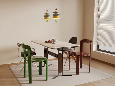 Modern Dining Table and Chair Set with Colorful Pendant Lights in Bright Room 3d model