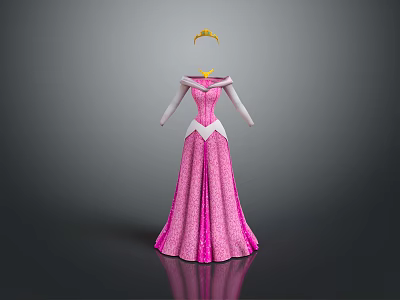 Elegant Pink Princess Dress with White Decorations and Golden Crown 3d model