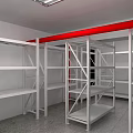 Modern Storage Room With White Metal Shelves Red Pillars And Wooden Bookcase
