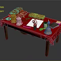 Traditional Worktable With Red Tablecloth Golden Containers Scissors Notebook And Ink Bottle