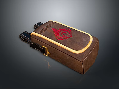 Brown Leather Storage Bag With Red Flame Pattern Black Straps And Golden Buckle 3d model
