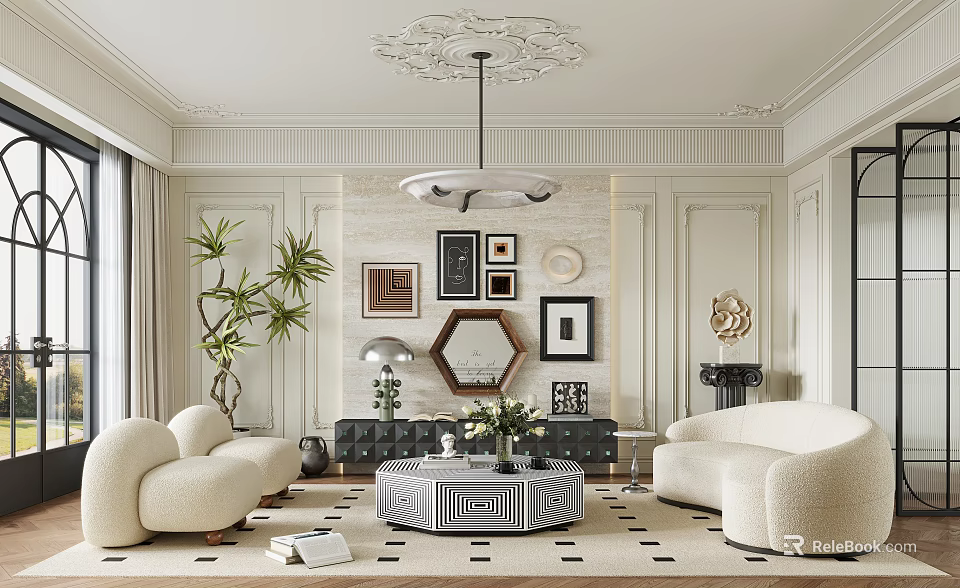 Elegant Modern Living Room With Curved Sofas Round Coffee Table Decorative Artworks And Ceiling Molding 3d model 