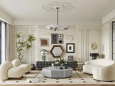 Elegant Modern Living Room With Curved Sofas Round Coffee Table Decorative Artworks And Ceiling Molding 3d model