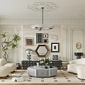 Elegant Modern Living Room With Curved Sofas Round Coffee Table Decorative Artworks And Ceiling Molding