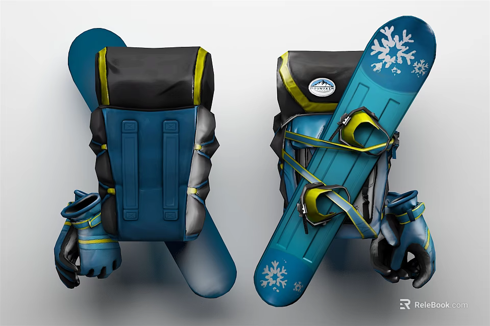 Practical Ski Equipment Bag With Blue Snowflake Design Black Yellow Straps And Gloves 3d model 