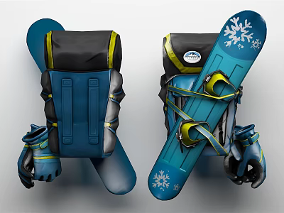 Practical Ski Equipment Bag With Blue Snowflake Design Black Yellow Straps And Gloves 3d model