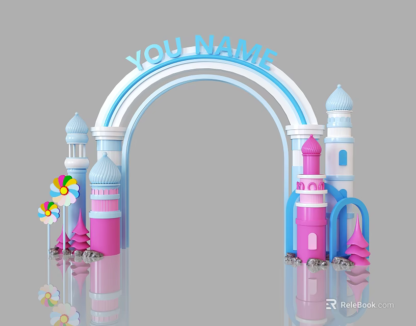 Colorful Playful Archway With Blue YOU NAME Text And Pink Blue Towers Lollipop Decorations 3d model 