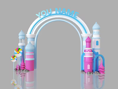 Colorful Playful Archway With Blue YOU NAME Text And Pink Blue Towers Lollipop Decorations 3d model