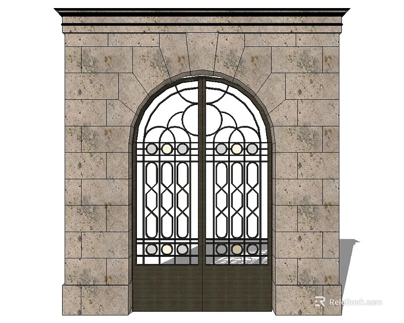 Arched Iron Grille Gate With Stone Wall Frame And Decorative Design 3d model 