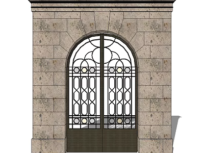 Arched Iron Grille Gate With Stone Wall Frame And Decorative Design 3d model