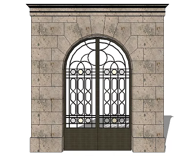 Arched Iron Grille Gate With Stone Wall Frame And Decorative Design 3d model