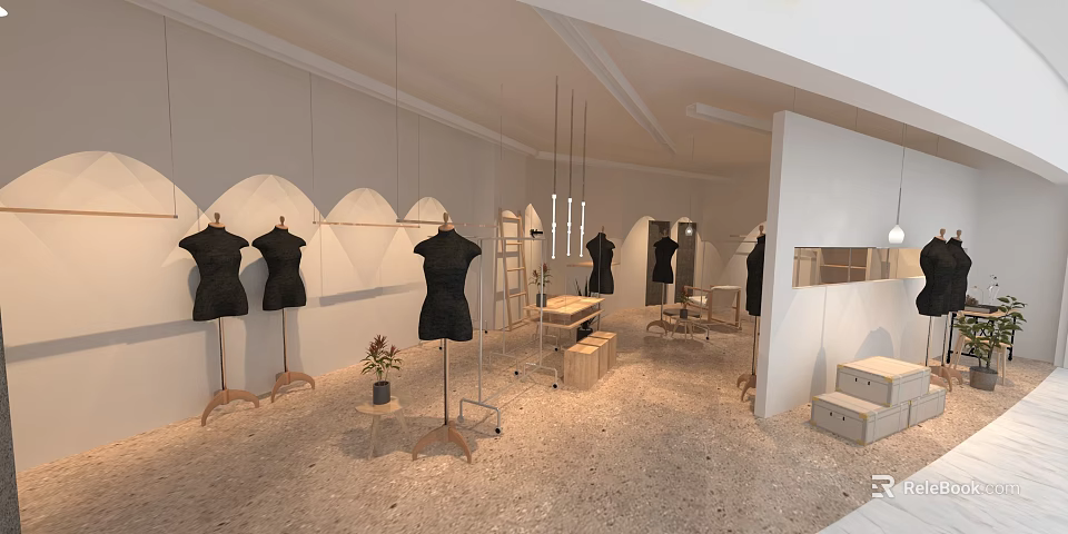 Modern Clothing Store Interior With Black Mannequins White Walls And Display Racks 3d model 