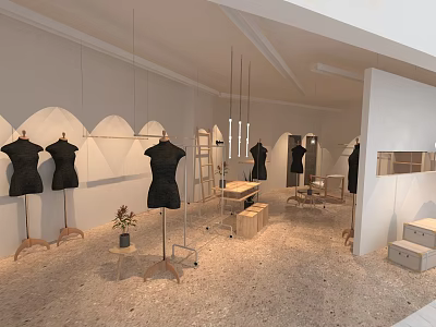 Modern Clothing Store Interior With Black Mannequins White Walls And Display Racks 3d model