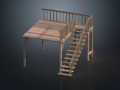 Simple Wooden Stairs With Railing Leading To Elevated Platform Design 3d model