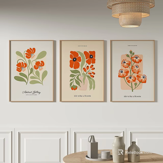Minimalist Botanical Prints With Three Orange Flowers And Green Leaves For Wall Decor 3d model 