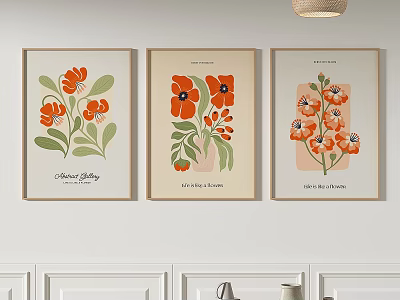 Minimalist Botanical Prints With Three Orange Flowers And Green Leaves For Wall Decor 3d model