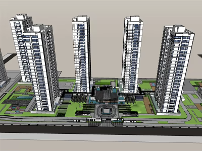 Modern High Rise Residential Complex With Central Green Square And Landscaped Areas 3d model