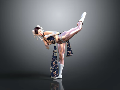 Female Game Anime Character In Traditional Floral Outfit Doing High Kick Dynamic Stance 3d model