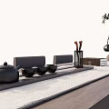 Modern Wooden Tea Table and Chairs with Hanging Plant on Woven Rug
